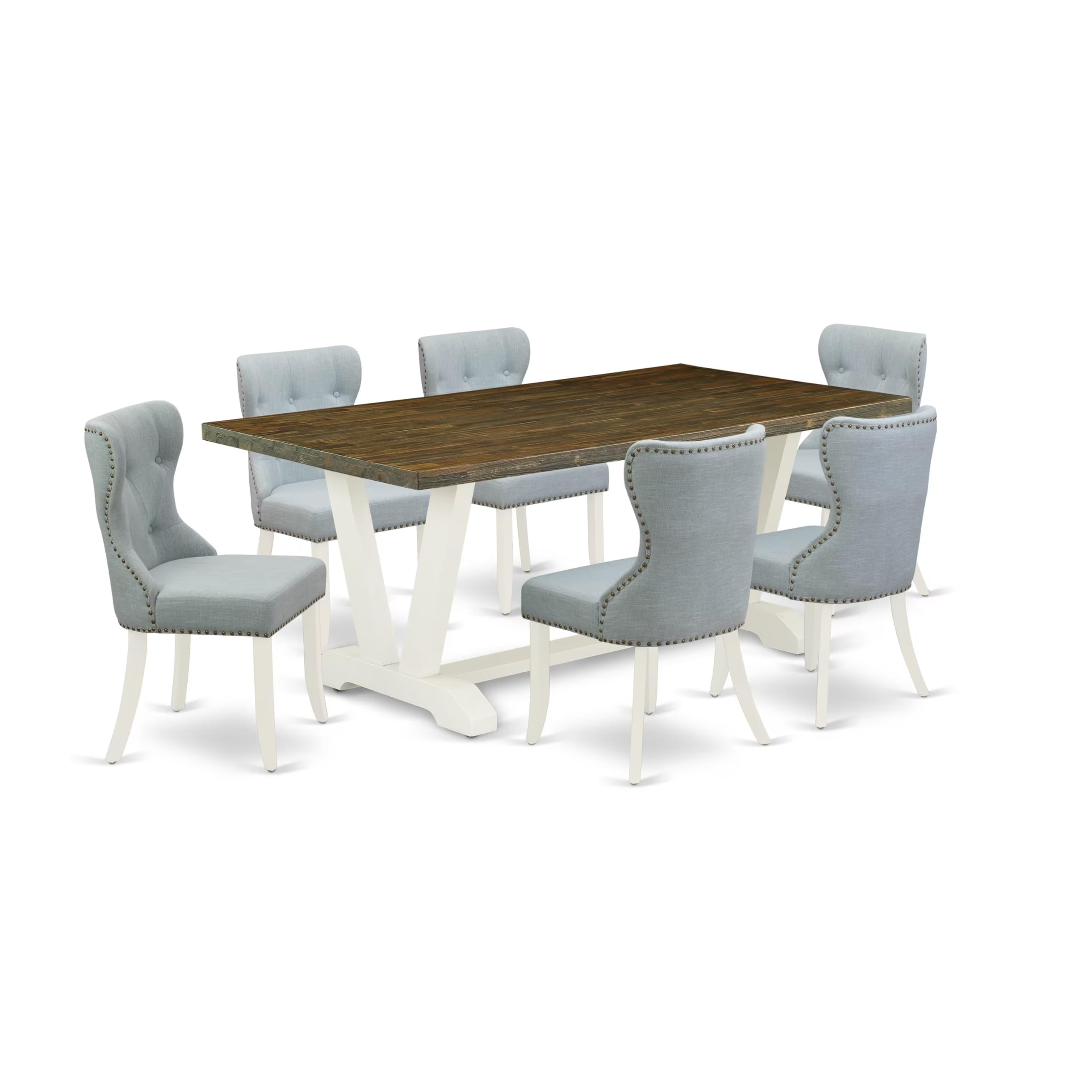 East West Furniture V077Si215-7 7 Piece Dining Room Furniture Set Consist Of A Rectangle Dining Table With V-Legs And 6 Baby Blue Linen Fabric Parsons Chairs, 40X72 Inch, Multi-Color